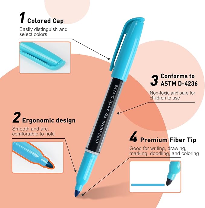Permanent Markers 72 Assorted Colors with Fine Tip, Ultra Fine, Chisel Tip | Waterproof Colored Pens Set with 45 Fine Point, 8 Ultra Fine, 8 Chisel Tip, 6 Neon, 5 Metallic Art Markers for Adult Coloring