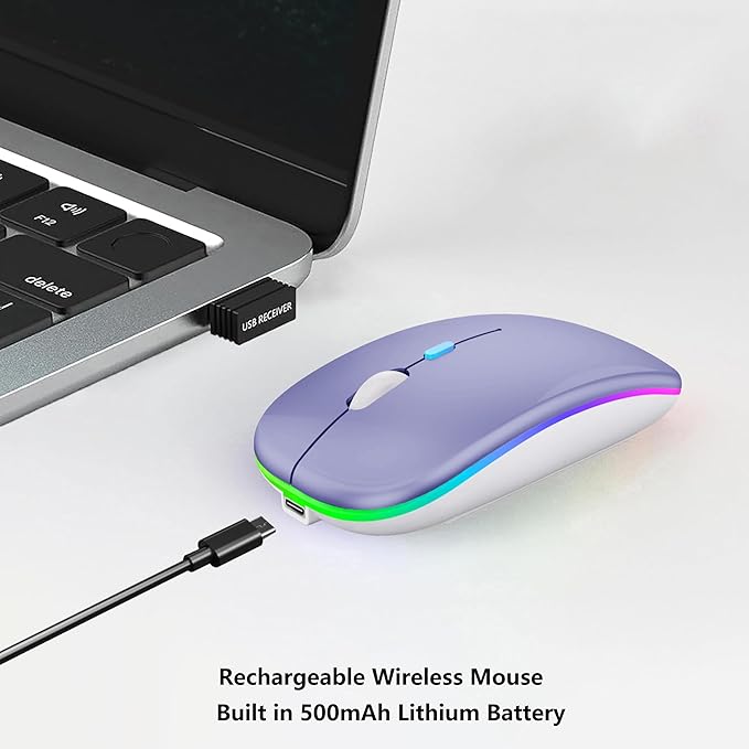 Wireless Bluetooth Mouse Rechargeable Laptop Mice with LED Lights Silent Slim Use(BT5.2 and 2.4G Portable USB Receiver)Dual Mode Computer Mouse for Laptop/iPad/Tablet/Apple/Computer/Mac(Purple)