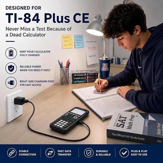 TI-84 Plus CE Charger Cable, USB-A to Mini USB Charge & Sync | Reliable USB-A to Mini USB Charge & Sync cable for TI-84 Plus CE calculators.