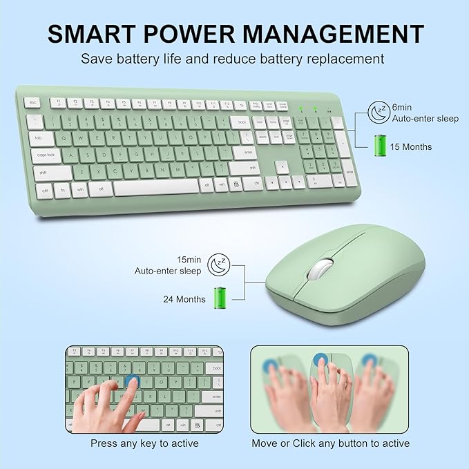 Wireless Keyboard and Mouse Combo, Full-Size Silent Ergonomic Keyboard and Optical Mouse, Long Battery Life, 2.4G Lag-Free Mice Keyboard for Computer,Mac,Laptop,PC,Windows(Avocado Green)