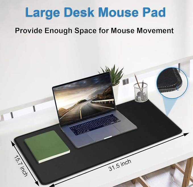 Large Gaming Mouse pad, 31.5x15.7 in Extended Desk Pad with Stitched Edges | Mousepad, Premium Microfiber Cloth Surface Waterproof Non-Slip Stable Rubber Base Keyboard Mat for Office Home Gaming, Black