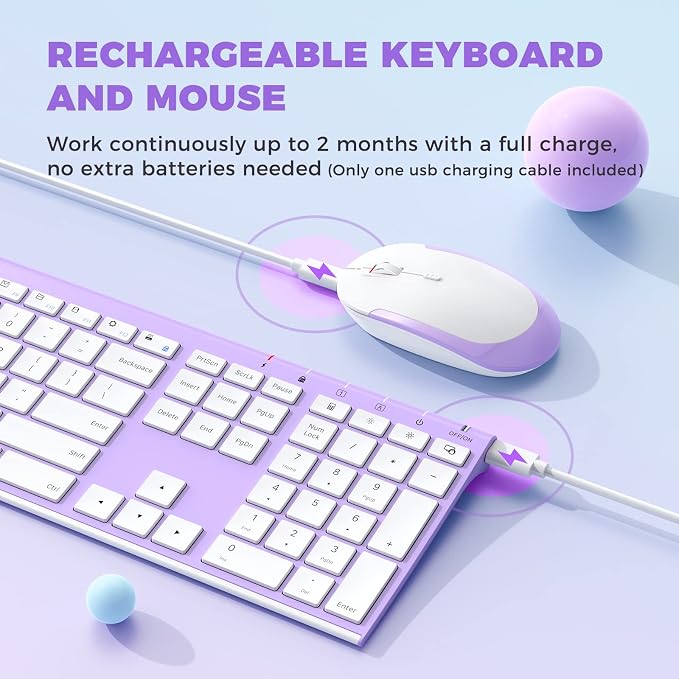 Vssoplor Wireless Keyboard and Mouse, Rechargeable Ultra Slim, Lavender | Quiet Full-Size Keyboard and Mouse Combo Set, for Laptop, PC, Notebook, Desktop, 2.4GHz Stable Connection, Ideal for Office