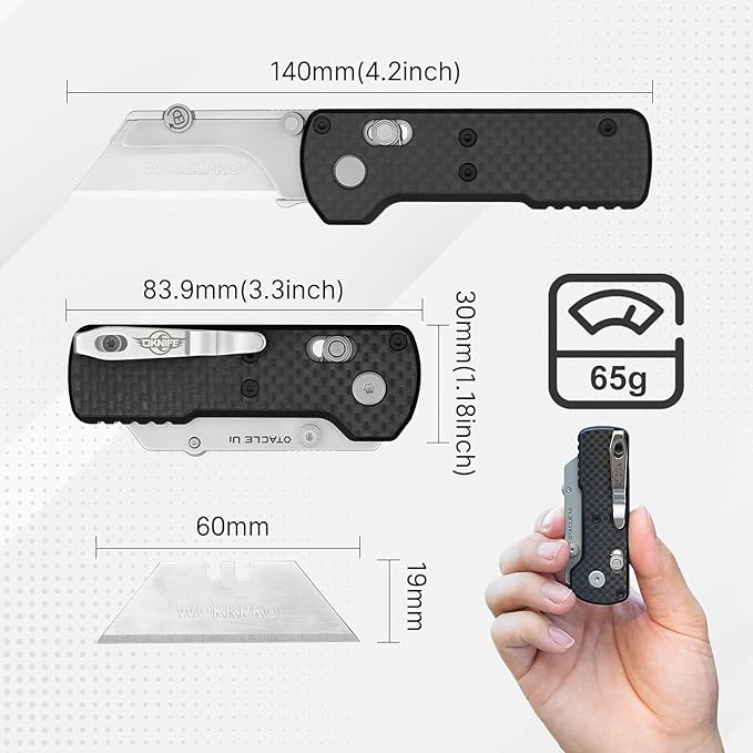 OKNIFE Otacle U1 Folding Pocket Utility Knife, Quick Change Box Cutter with Rail Lock, EDC Razor Knife with Pocket Clip for Office, Factory (Black)