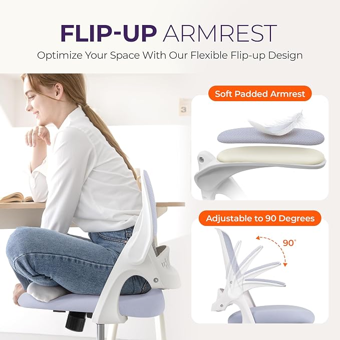 NEO CHAIR Office Desk Chair, Ergonomic Mesh with Flip-Up Armrests, Purple | Lumbar Support, Height Adjustment, 360° Swivel and Rolling Base, Space-Saving Design for Home Office, Vanity or Study