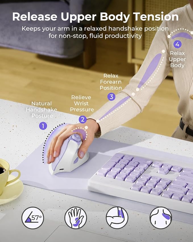 seenda MOU-302 Wireless Bluetooth Ergonomic Vertical Mouse with Volume Knob | Rechargeable 3-device mice for small/medium hands with quiet clicks, 1000/1600/2400 DPI for PC, laptop, MacBook, White Purple