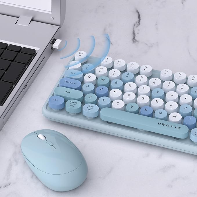 UBOTIE Colorful Wireless Keyboard and Mouse Combo (Blue-Colorful) | Retro Typewriter Floating Full-Sized Keys Computer Keyboard with Optical Mouse, 2.4GHz USB Connection for Windows Mac