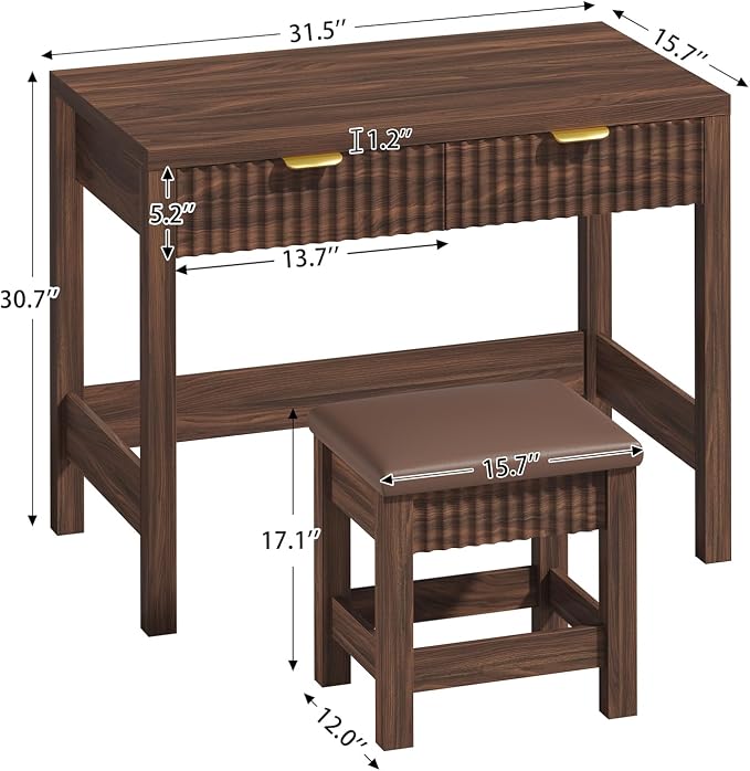 32 Inch Small Fluted Computer Desk with 2 Drawers & Stool for Bedroom | Small Wooden Computer Desk with Storage, Compact Writing Study Vanity Desk with Stool for Small Spaces, Walnut