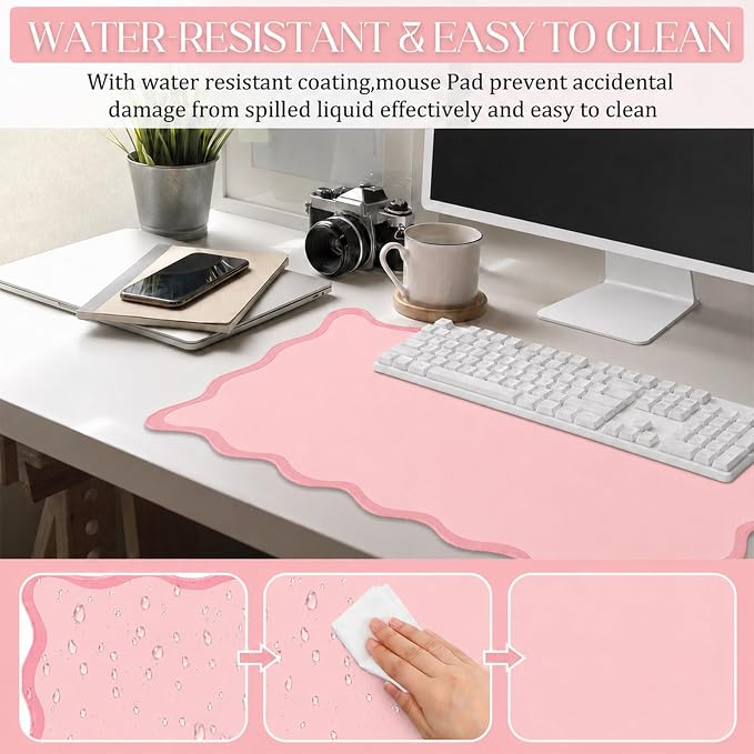Hahafelt Scalloped Desk Mat Waterproof,Light Pink,31.5 X 15.8 Inches | Coquette Preppy Style for School Office Makeup Vanity, Nonslip Gaming Desktop Protector with Scalloped Stitched Edge Mat