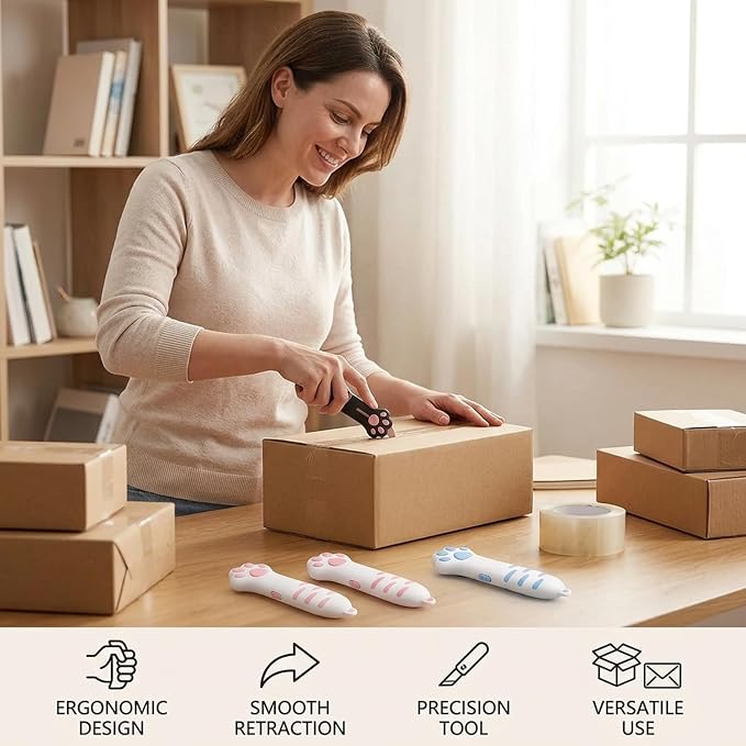 4PCS Cat Paw Box Cutter, Retractable Cat Claw Knife, Four Pack with Pink Blue Black Colors, Portable Package Opener for Unboxing and Office Use, Compact Design with Ergonomic Handle