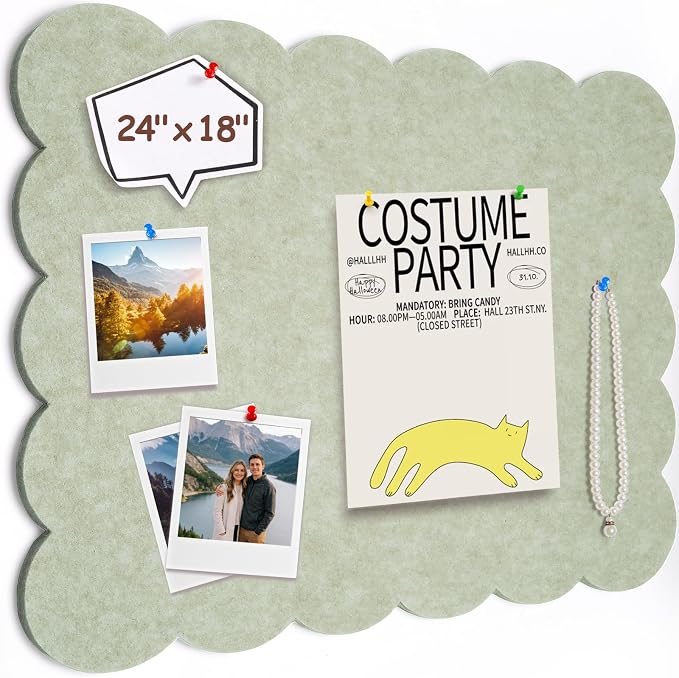 Scalloped Felt Bulletin Board 24" x 18" Cork Board Alternative,Decorative Felt Pin Board Foldable Cork Boards for Walls Self-Adhesive Cork Board for Home Office Classroom Pin Board (Sage Green) 2pack