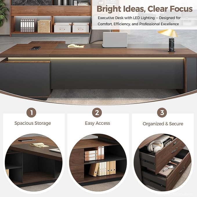 79" L-Shaped Executive Desk with Reversible Return, Locking Drawers, Built-in Power Outlet & LED Accent Light, Modern Office Desk with Storage and Privacy Panel, Walnut & Graphite Gray