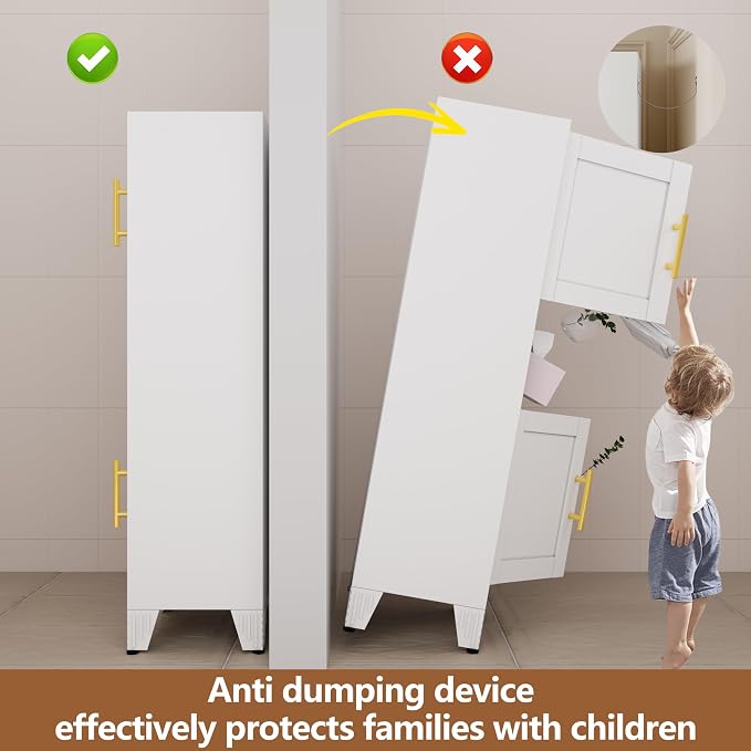 Metal Tall Narrow Bathroom Storage Cabinet, Freestanding Floor Cabinet with 2 Doors and Adjustable Shelves, Pantry Storage Cabinets for Bathroom, Living Room, Entryway and Kitchen (White)