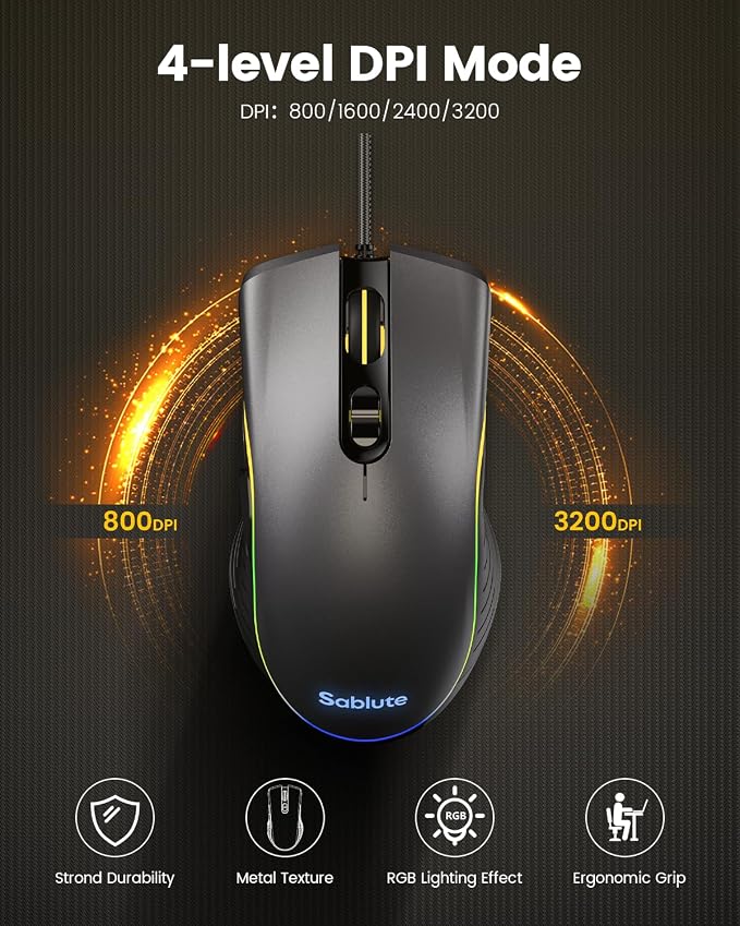 SABLUTE Gaming Keyboard and Mouse, Quiet Membrane with RGB Backlit | PC Gaming Keyboard with Multimedia Knob, Anti-Ghosting, Ergonomic Wrist Rest & 3200 DPI Mouse for Gamer/Office