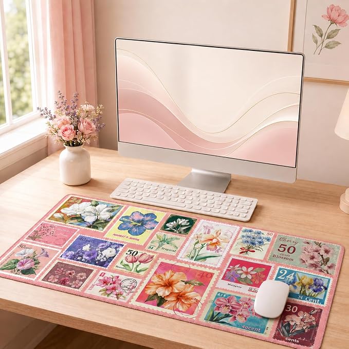 iCasso Floral Desk Pad Mat, XXL Large Mouse Pad, Pastel Pink | Anti-Slip Retro Mousepad with Stitched Edges, Computer Keyboard Mat for Desktop Decor, Aesthetic Office Desk Accessories