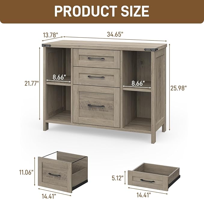 Befrases Farmhouse File Cabinet, Lateral Filing Cabinet with 3 Drawers for Letter/A4 Size Hanging Files, Large Wooden Printer Stand with Adjustable Shelves for Home Office, Rustic Grey