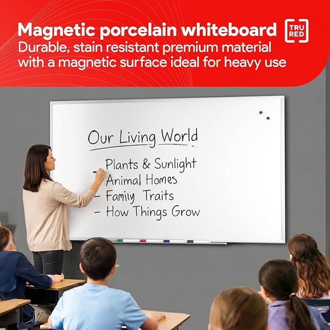 TRU RED Magnetic Porcelain Whiteboard | Dry Erase Board for Wall, White Board with Black Frame, 5 ft x 3 ft, 4 Multicolor Markers Included