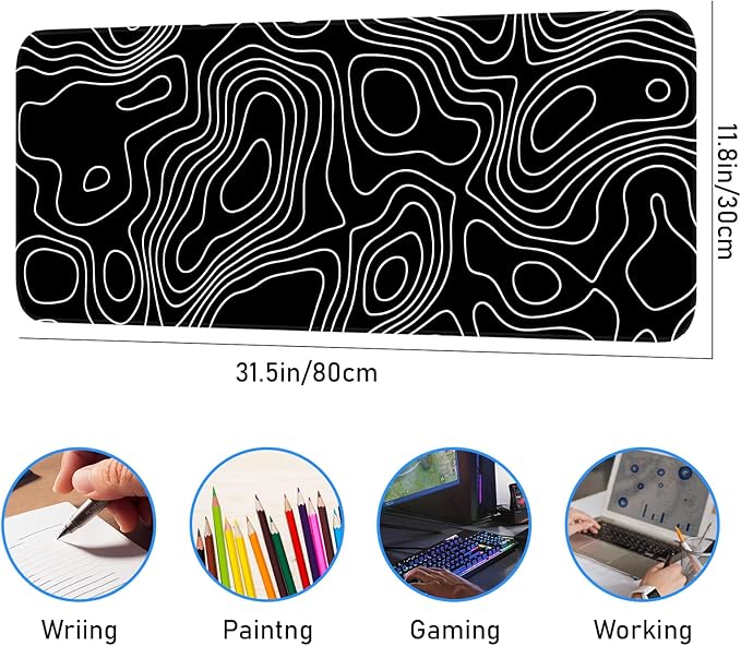 Gaming Mouse Pad, Non-Slip Rubber Base, Stitched Edge Mouse Pad for Office, Home, Black Terrain Line, Extra Large 31.5x11.8 Inch