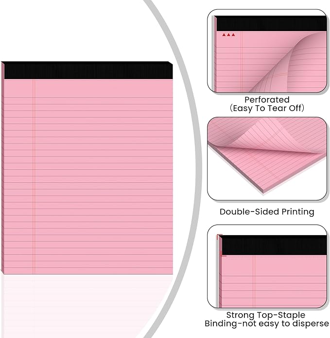 6pcs Legal Pads 8.5 x 11,Notepads 8.5 x 11 Inch, 30 Sheets/Pack, Pink Note Pads Clear Print Writing Pads of Paper, Perforate Wide Ruled Lined with Sturdy Back for Office, Business & School Supplies
