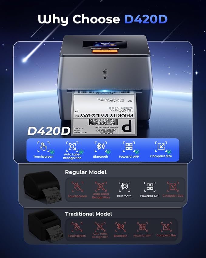 Phomemo Shipping Label Printer with Touchable Screen & Built-in Label Bin | 4x6 Bluetooth Thermal Label Printer, D420D Thermal Printers for Small Business, Compatible with USPS, Tiktok