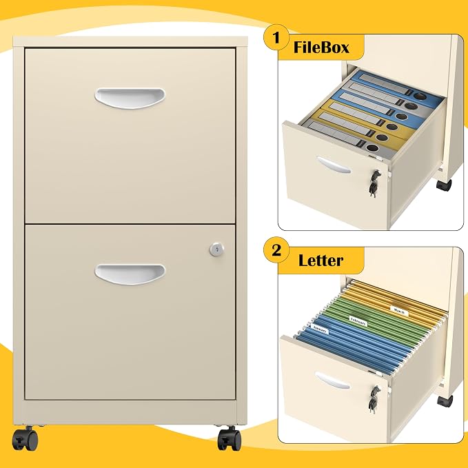 SteeLoong 2 Drawer File Cabinet,Metal Mobile File Cabinet with Lock Cream | Filing Cabinet with Wheel,Vertical File Cabinet for Home Office,Under Desk Rolling File Cabinets for Hanging Letter/A4
