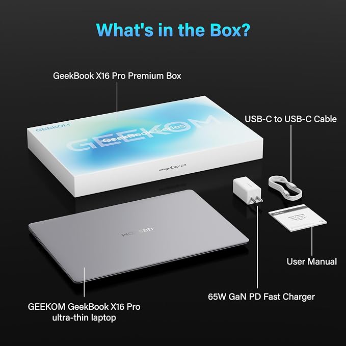 GEEKOM GeekBook X16 Pro Laptop, 16" 2.5K IPS, 2.8 lb Slim Portable Notebook | Up to 17 Hours, Intel Ultra 9, 32GB LPDDR5x 7500MHz 2TB SSD, Dual Fan Cooling, USB4, Fingerprint, Privacy Shutter, Windows 11