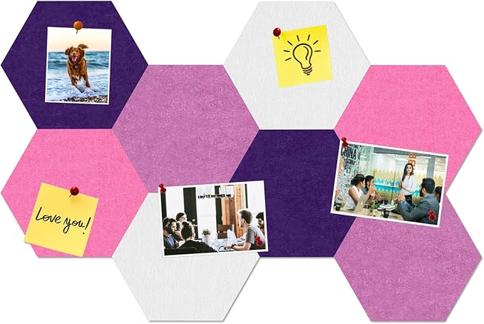 Large Hexagon Felt Cork Board Tiles, Self Adhesive DIY Felt Bulletin Board Pin Board with 35 Pushpins for Office School Home Wall Decor(Purple+Light Purple+Pink)