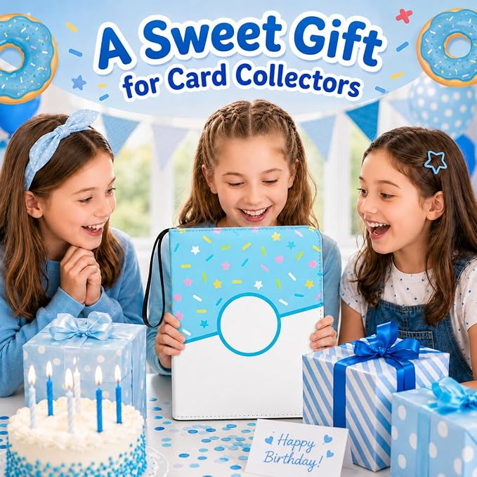 9 Pocket Card Binder 900 Card Holder Album, Blue Donut Trading Cards Holder Zipper Binder for Girl Teen Collection (Blue Donut, 900 Pocket)