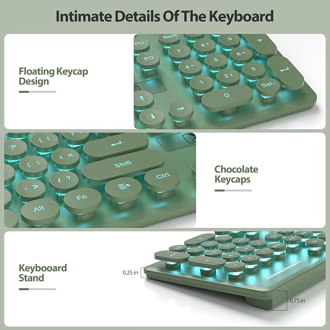 surmen Cute Quiet Keyboard Green Wired Typewriter Keyboard, Light Up Backlit PC Keyboards with Retro Round Keys Full Size 104 Keys for Office Computer (Dark Green)