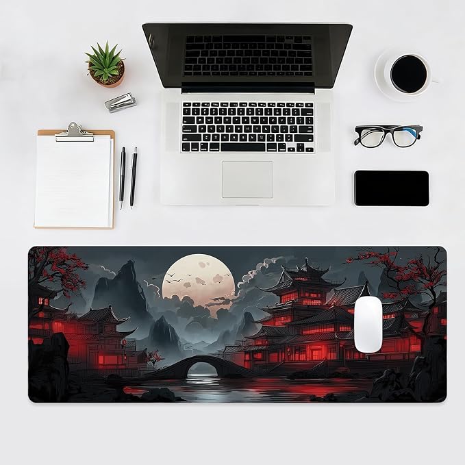 Gaming Mouse Pad, Large Desk Mat, Japanese XL Extended Big Mousepad with Non-Slip Rubber Base Stitched Edges, Laptop Computer Keyboard Mat, Office&Home, 31.5x11.8in