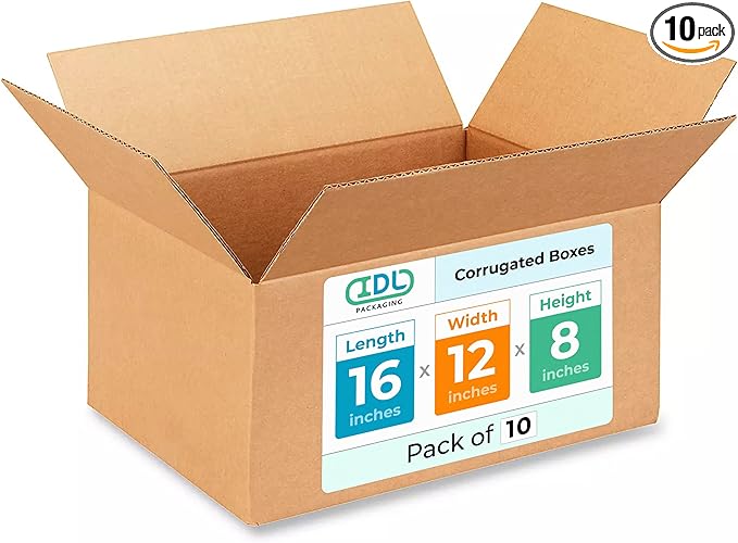 Medium Shipping & Moving Boxes 16x12x8 inches (10-Pack) - Extra Strength 200 lb vs Regular - USA-Made Corrugated Boxes for Packaging Moving and Delivering - Package Box - Carton Box by IDL Packaging