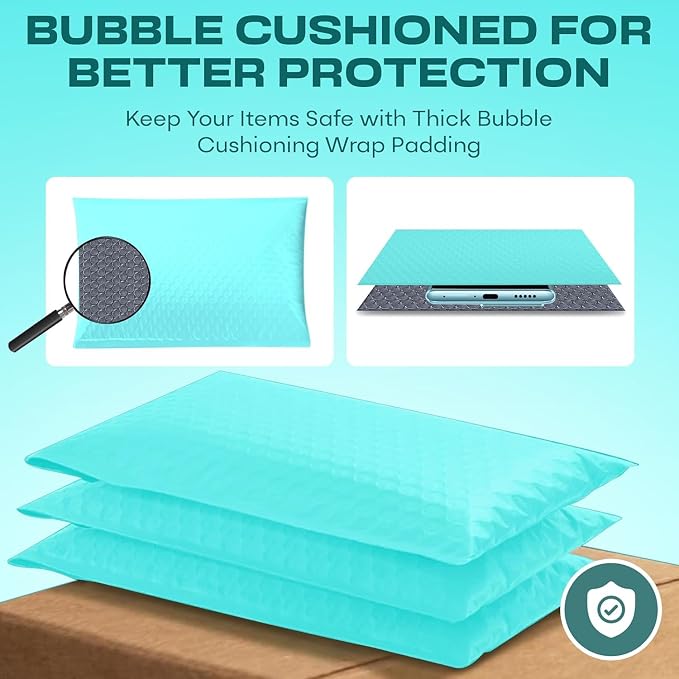 Teal Bubble Mailers 12x15, Self Seal Poly Padded Envelopes, 100 Pack Bulk | Holds Clothing & Bulk Items, No Tape Needed, Cushioned Protection, Water-Resistant Poly, For Small Business Shipping