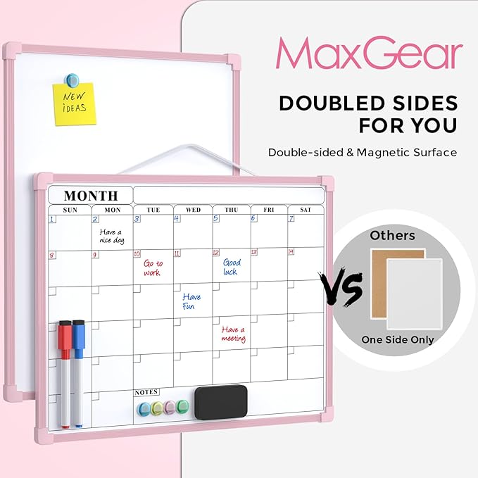 MaxGear Monthly Calendar Dry Erase Board for Wall, 16"x12" Small Hanging Double-Sided White Board, Portable Whiteboard for Planning, Drawing, Memo, to Do List, School, Home, Office, Pink Frame