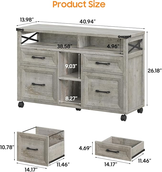 Halitaa Farmhouse Filing Cabinet with Adjustable Shelf & Wheels, Grey | Lateral File Cabinets, Office Storage Cabinet with 4 Drawers, Open Storage Space, for Hanging Files A4/Letter for Home Office