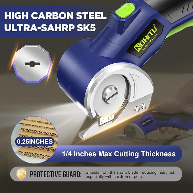 Electric Box Cutter: 4V Rechargeable Rotary Cardboard Cutter, 3000mAh Battery, with LED Light & Safety Lock, 2 Blades, Cordless Electric Scissors for Fabric Carpet Carton Plastic Leather Cloth (Blue)