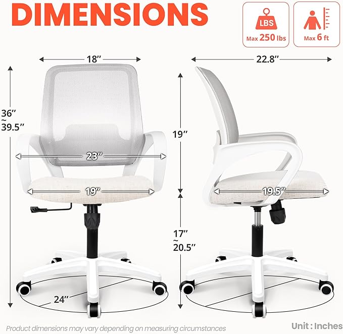 NEO Chair Office Desk Ergonomic Mesh Computer Chair with Lumbar Support Adjustable Height Swivel Rolling Wheels Comfy Mid Back Task Chair for Home Bedroom Vanity Study (Ivory)
