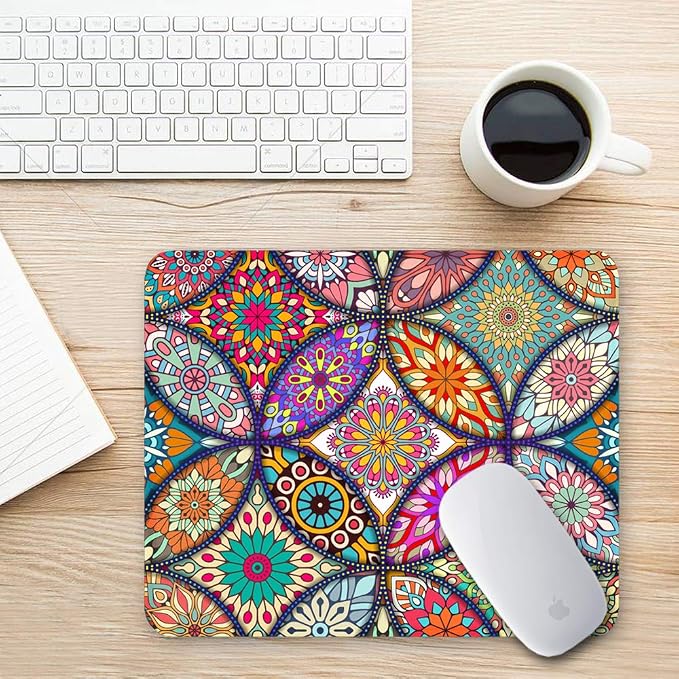 BOSOBO Mouse Pad, Floral Mandala Mouse Mat, Small Custom Mouse pad for Gaming, Office, Women and Men, Non-Slip Rubber Base, Stitched Edge, Waterproof, Rectangle 10.2 x 8.3 Inch, Flower Mousepad