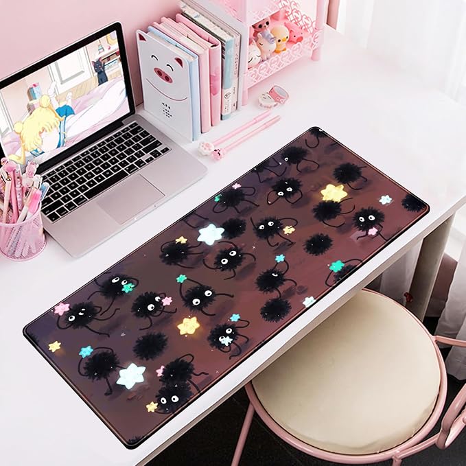 YKJWW Desk Pad Anime Black Pom Gaming Large Mouse Pad for Women Dask Mat | Desk Pad Office Decor Exclusive Beautiful Girls Mouse Pad Desktop with Stitched Edges Non-Slip Computer Mat 31.5x11.8In