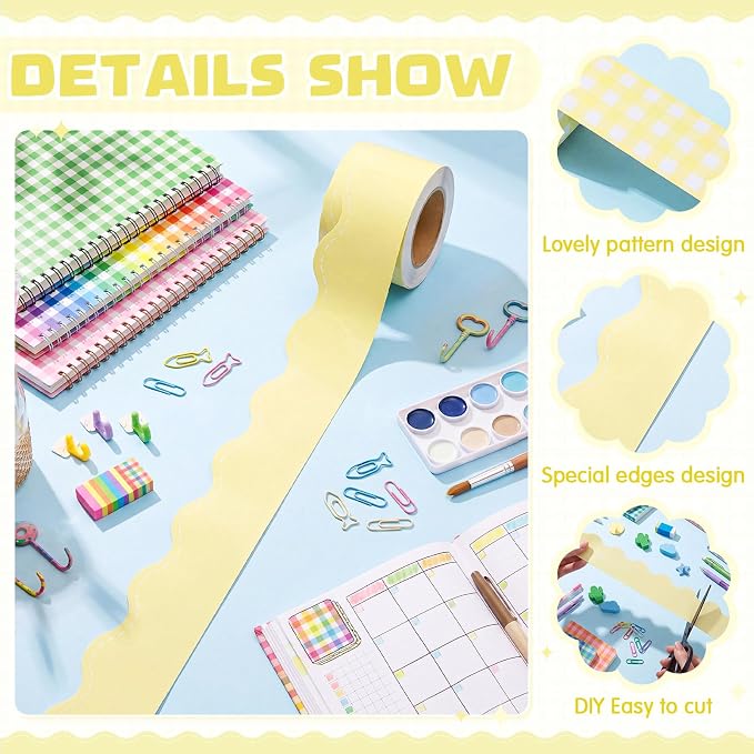 2 Rolls 65.6ft Marcaron Yellow Gingham Bulletin Board Borders Decoration Yellow Checkered and Straight Edge Bulletin Borders Board Trim for Office School Classroom Chalkboard Party Decoration