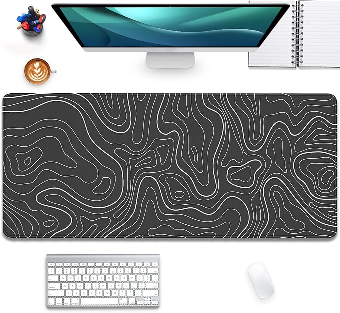 Black Topographic Mouse Pad,Gaming Desk Pad with Stitched Edges Non-Slip Rubber Base Extended XL Mousepad Big Desk Mat for Office Home Work(27.5X11.8 Inch)