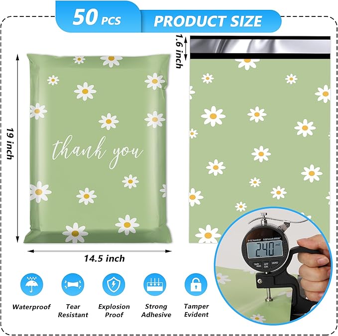 Thank You Poly Mailer 14.5x19 Inch 50 Pcs, Waterproof and Tear-Resistant Shipping Bags for Clothing, Strong Yellow Mailing Bags with Self-Seal, Cute Packaging for Small Business