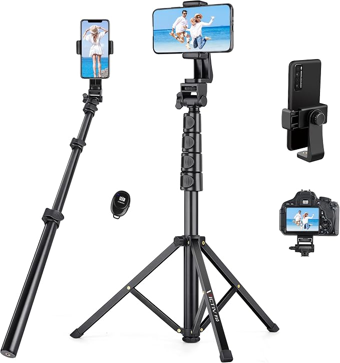 70" Phone Tripod with Remote & Holder, Portable Cell Phone Stand | Selfie Stick for Video Recording, Compatible with iPhone 14/13 Pro Max/Android/Camera