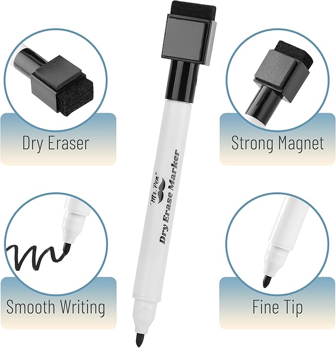 Mr. Pen- Magnetic Dry Erase Markers, 8 Pack with Eraser, Fine Tip Black Dry Erase Pens with Magnet