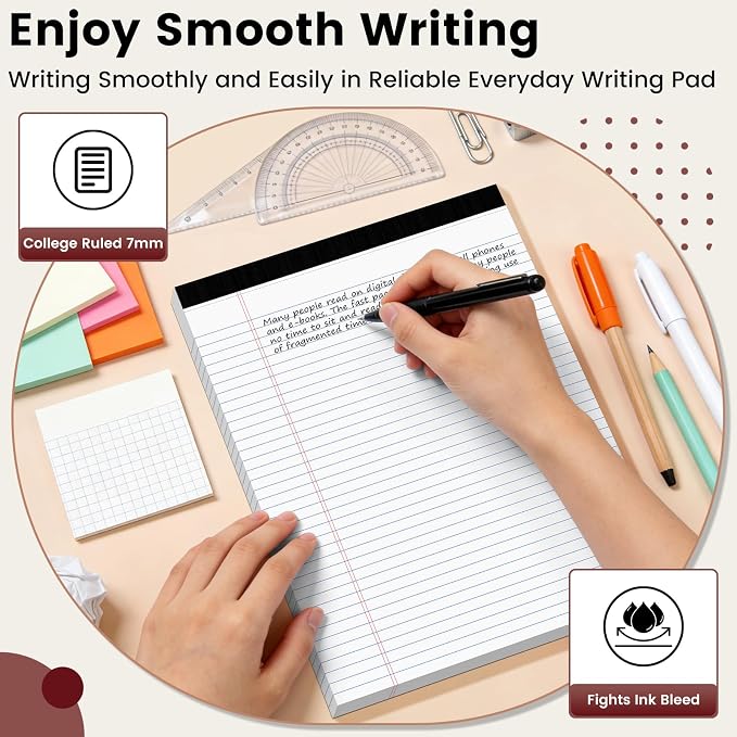 12 Pack Legal Pads 8.5 x 11 College Ruled Notepads, White Legal Note Pads | 8.5 x 11 Lined Paper College Ruled White Notepads 30 Sheets Per White Writing Pad for Work Study Daily Note Taking List