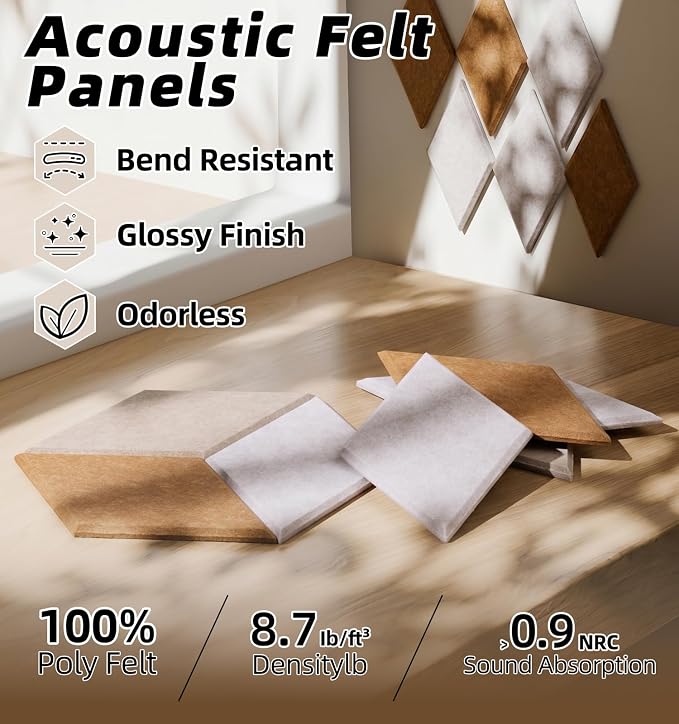 24 Pack Rhombus Felt Bulletin Board Tiles, Mocha Mist | Cork Board Alternative for Walls Decor with 72 Adhesive Tabs, Felt Pin Board for Classroom Home Office Vision Board