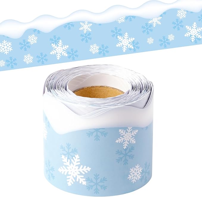 BeYumi Winter Snowflake Border Trim - 65ft Winter Snowflake Scalloped Rolled Border Trim Light Blue Christmas Bulletin Board Borders School Classroom Office Chalkboard Decor Party Decoration