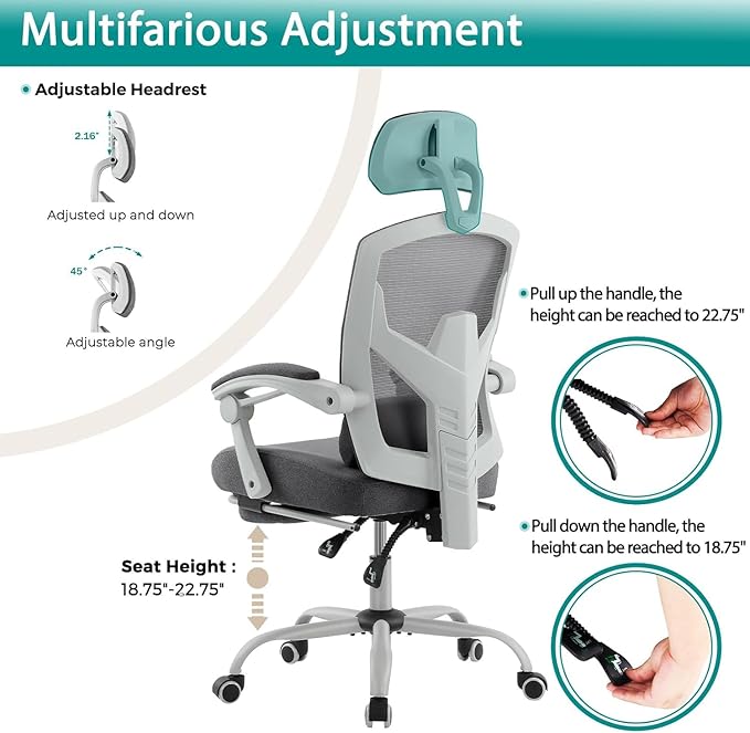 DUMOS Home Office Desk Chair with Footrest, High-Back Mesh Rolling Swivel Reclining Chairs with Wheels, Comfortable Headrest, Lumbar Support, Comfy Arms for Home, Office, Gaming, Student,Elegant Grey