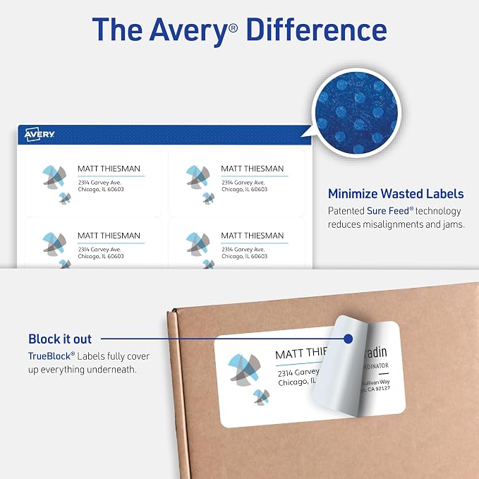 Avery Printable Shipping Labels with Sure Feed, 2" x 4" Customizable Stickers, White, 250 Blank Mailing Labels, Great for Mailing, Shipping, and More (8163)