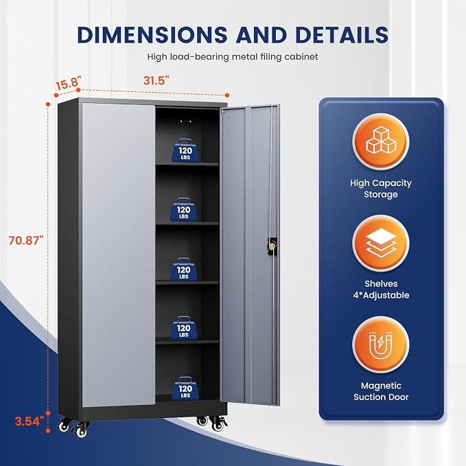 Metal Garage Storage Cabinet with Locking Doors and Adjustable Shelves,- 75" Rolling Steel Tool Cabinet for Home Office,Garage,Warehouse