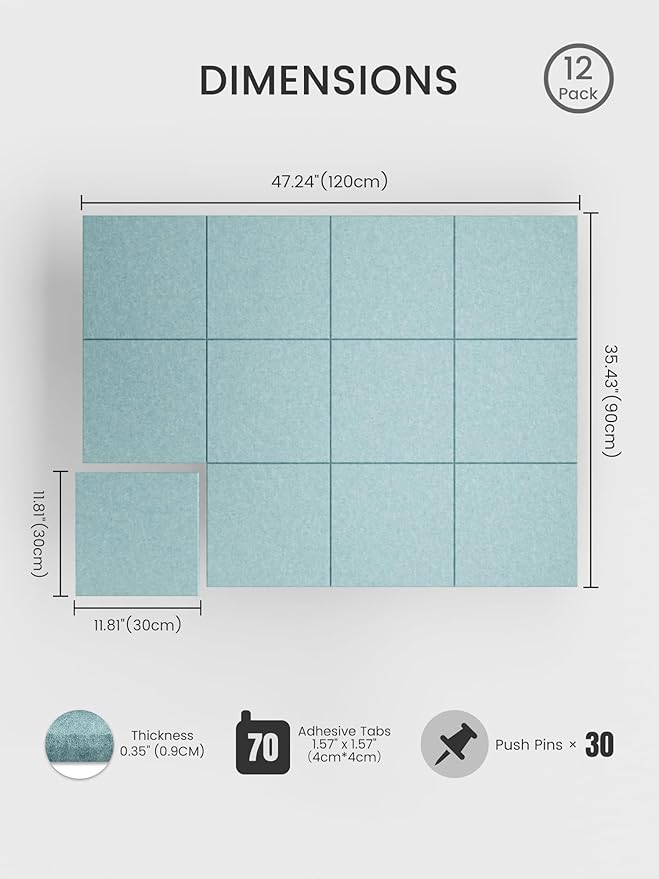 Bumusty Large Cork Board 48" x 36" Alternative - 12 Pack Felt Wall Tiles with 70 Safe Removable Adhesive Tabs, 30 Pushpins, Cork Boards for Walls Pin Board Bulletin Board Office Decor (Aqua Blue)