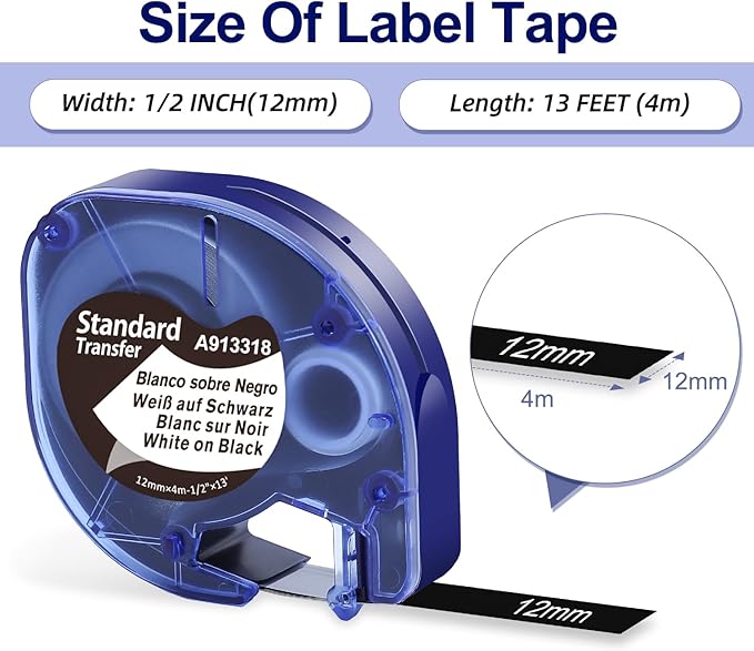 Label KINGDOM Black Tape Compatible with Dymo Letratag Refills White on Black Plastic LT Labeling Tape 12mm x 4m (1/2 Inch x 13 ft) for DYMO LetraTag LT-100T LT-100H LT200B QX50 Label Maker, 3-Pack